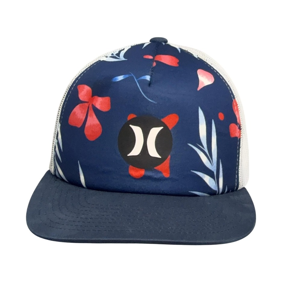 Hurley Hat Cap Snap Back One Size Blue Floral Tropical Beach Mesh Trucker Mens